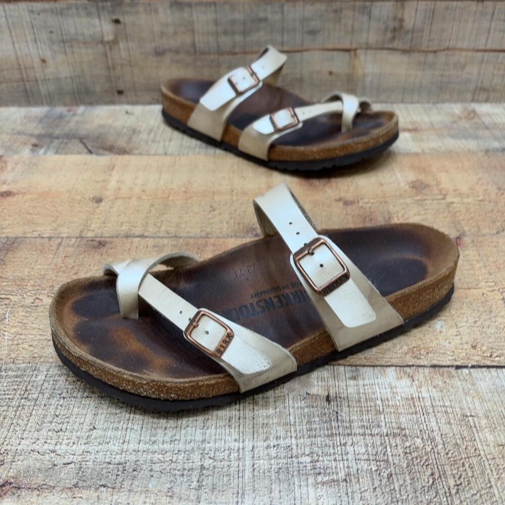 Birkenstock Mayari Sandals Womens Size 8 39 Beige Leather Strappy Cork Shoes